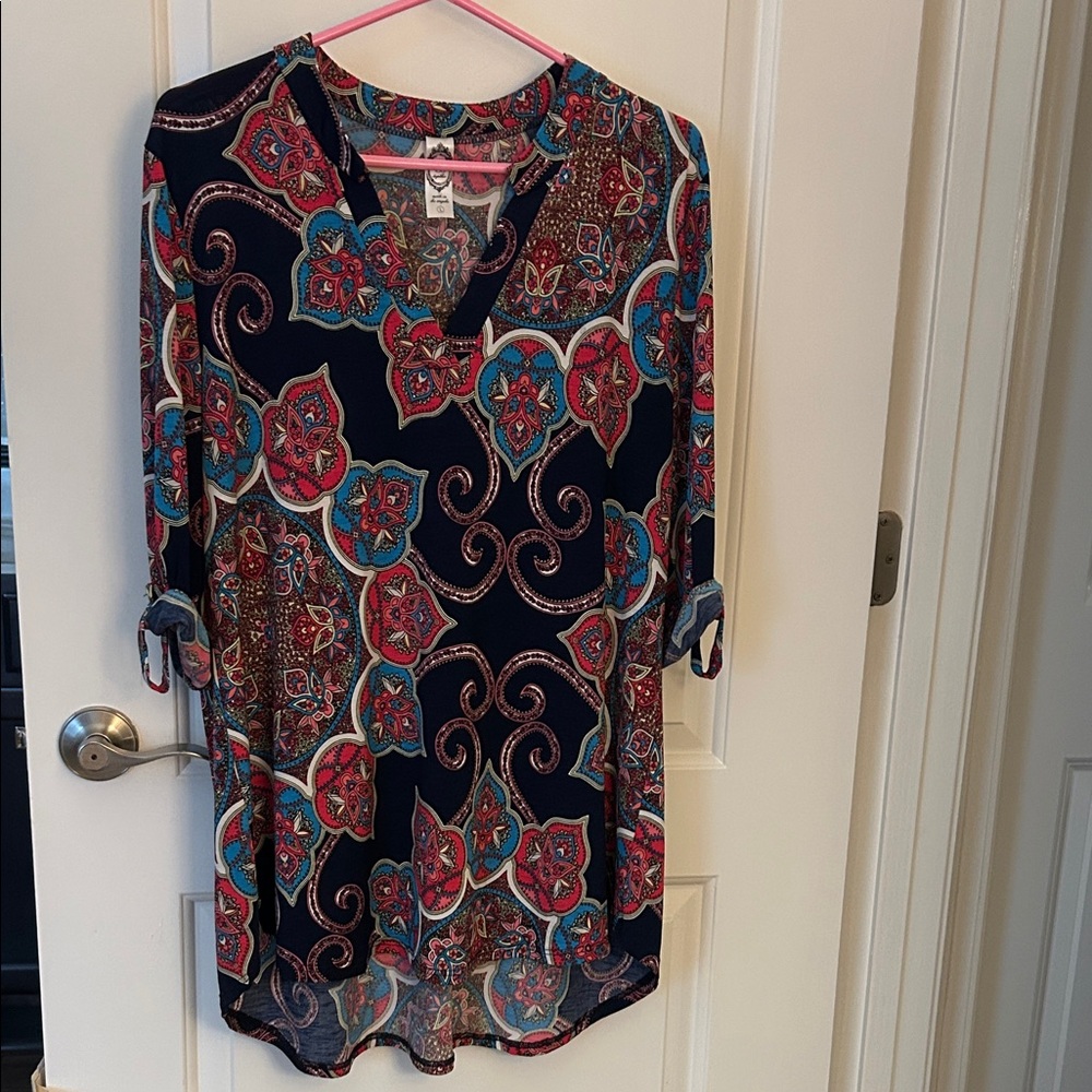 Women's Navy Blue, Pink, Multicolor Paisley Large V-Neck Tunic Top 2B Together
